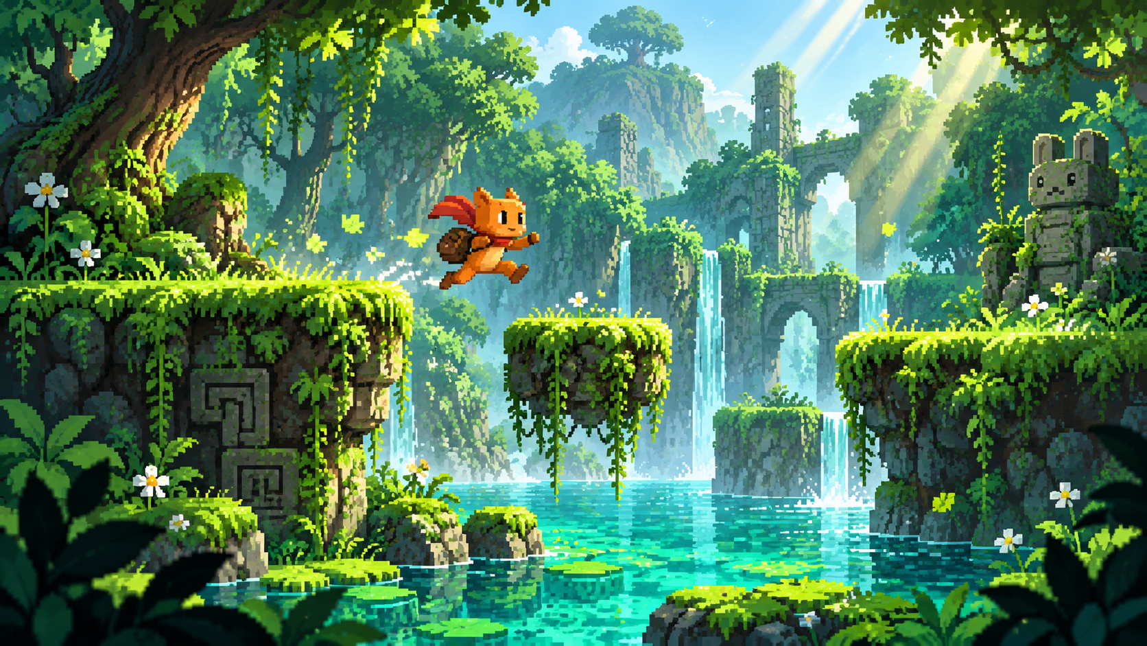 A pixel adventurer in a green forest