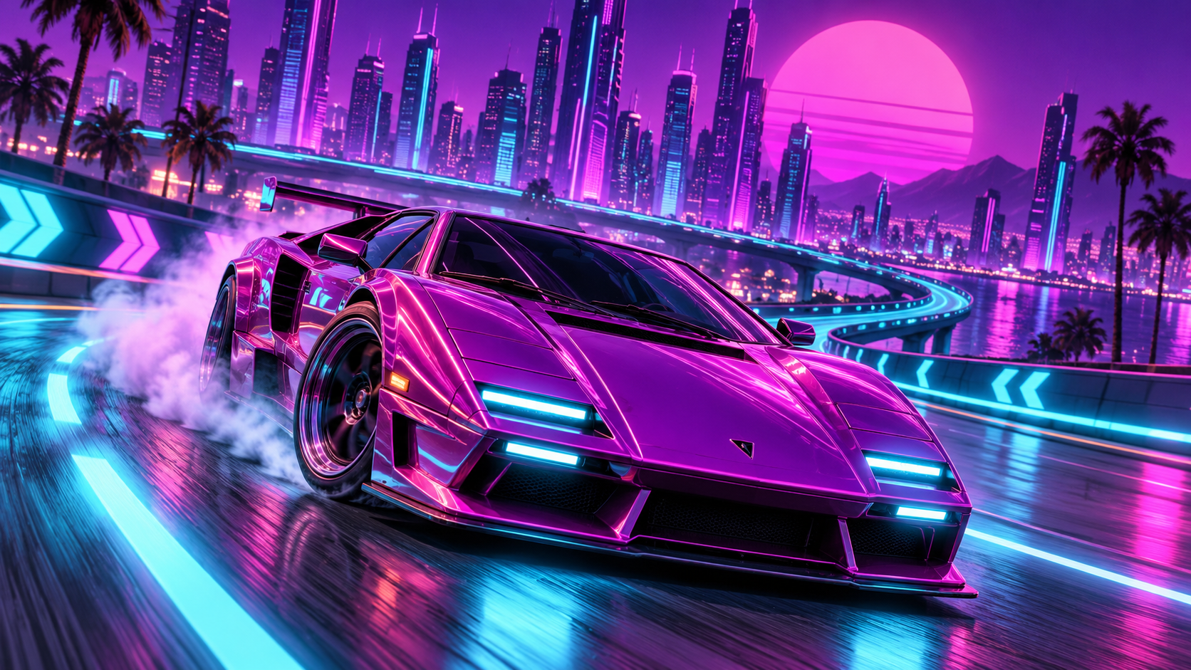 Neon sports car on a futuristic highway