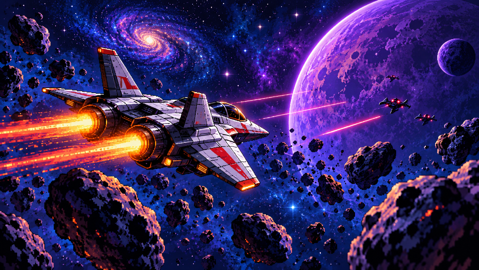 A spacecraft in a violet galaxy